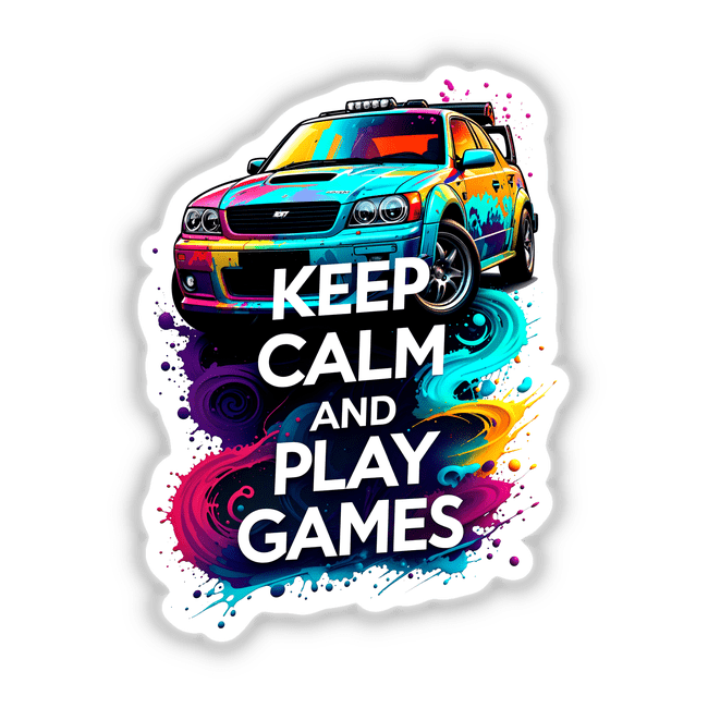 Keep Calm And Play Games Gaming Quote showcased on a vibrant car decal, highlighting automotive graphics and design elements. Available as stickers or digital artwork, reflecting Decal Venue's unique product range.