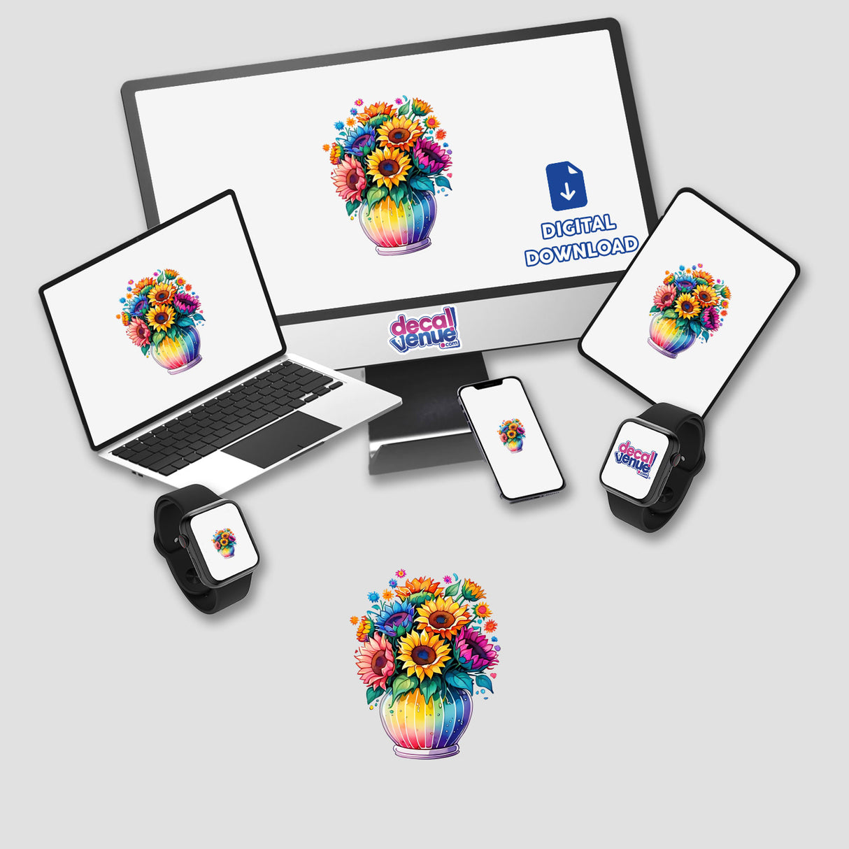 Sunflower Splash: Vibrant Floral Sticker displayed on a computer monitor, laptop, tablet, and smartphone, showcasing the colorful flower design prominently.