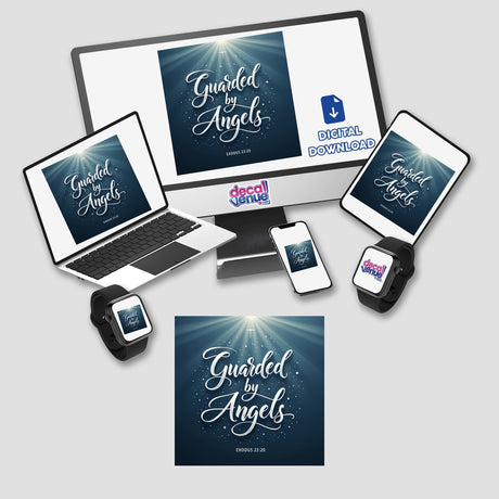 Guarded by Angels – Exodus 23:20 Christian Sticker or Clipart featuring a computer monitor and laptop displaying the design, alongside a phone and smart watch, highlighting its digital versatility.