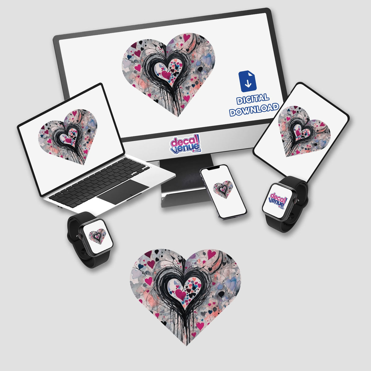 Heart Shape Lyrical Abstract Love depicted on a laptop, phone, and tablet screens, featuring heart motifs. Available as stickers or digital artwork from Decal Venue.