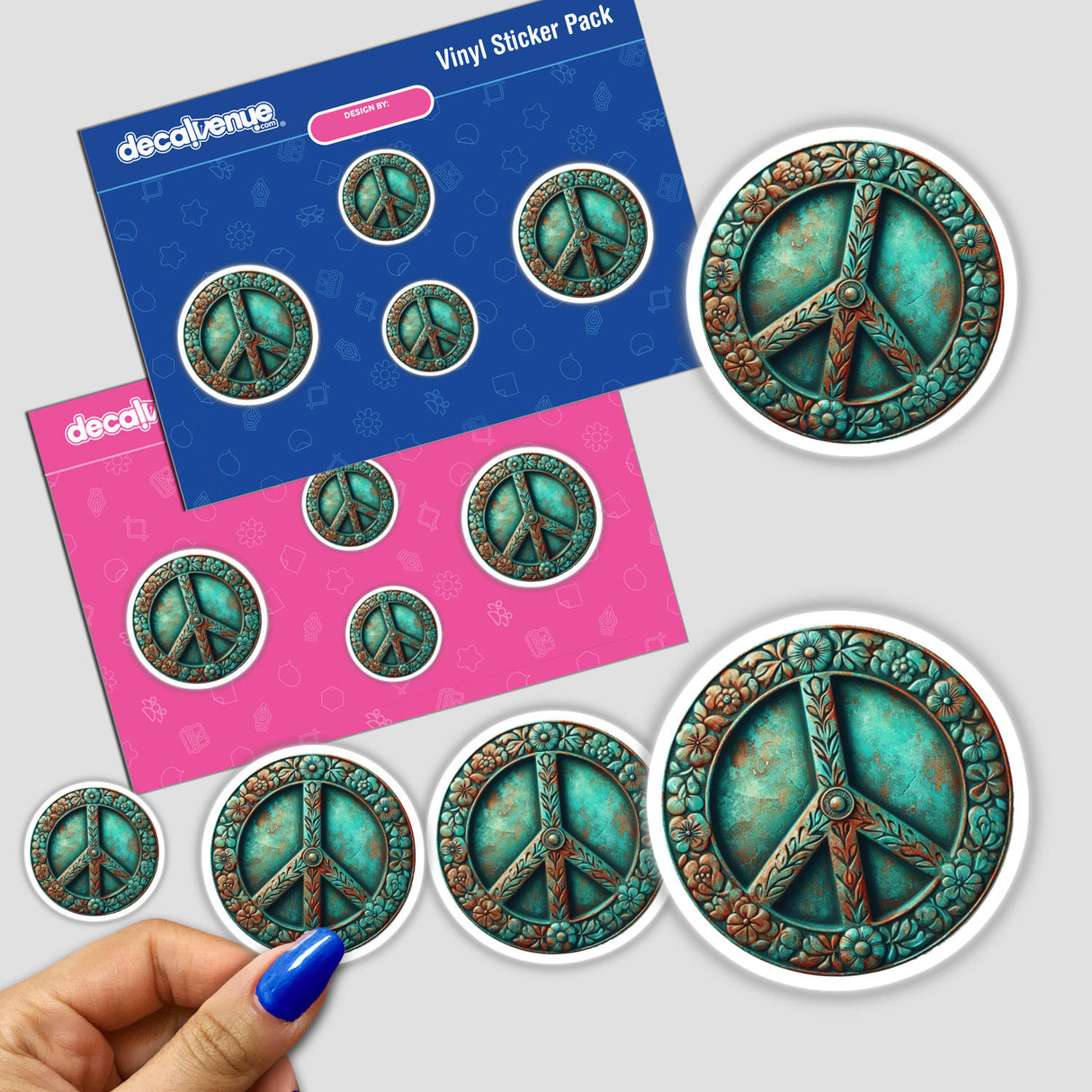 Colorful peace sign stickers on turquoise and pink backgrounds. Intricate designs with detailed patterns and textures. Decorative vinyl sticker pack showcasing the iconic peace symbol in a variety of sizes.