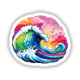 Rainbow Waves: Crashing Waters, a vibrant digital artwork featuring dynamic wave patterns interspersed with white dots and birds in the sky, available as stickers or digital art.