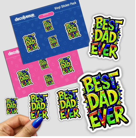 Stickers featuring the text Best Dad Ever among other vibrant designs, available as both physical stickers and digital artwork from Decal Venue.