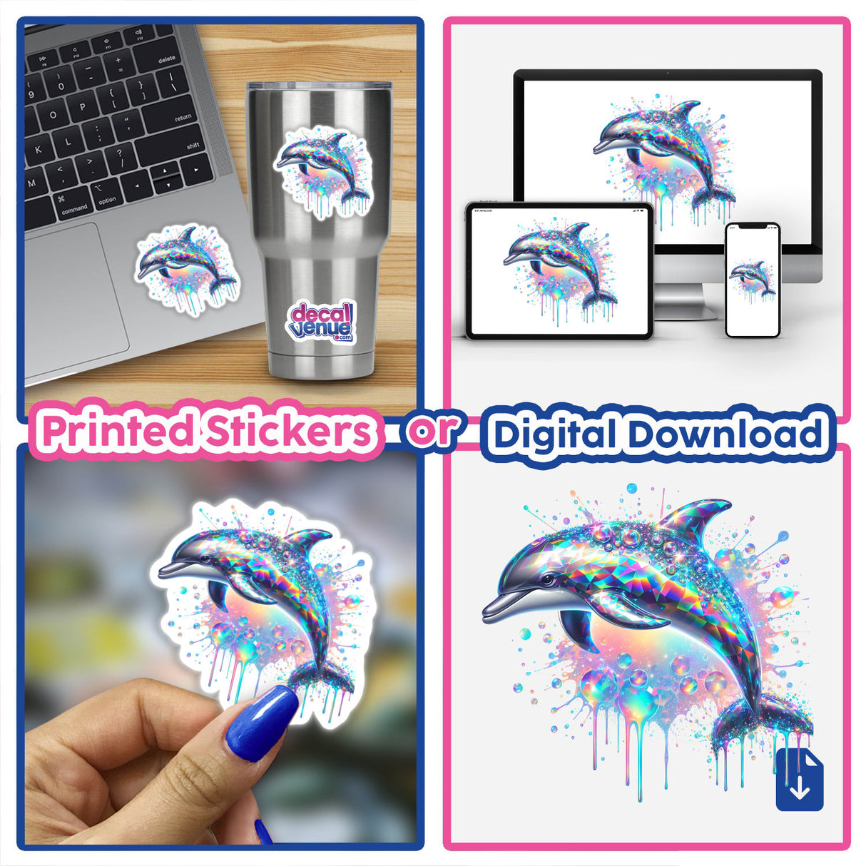 Holographic Color Dolphin Splash - Vibrant digital artwork featuring a vibrant, colorful dolphin jumping above a blurred background, showcased on various devices and merchandise.