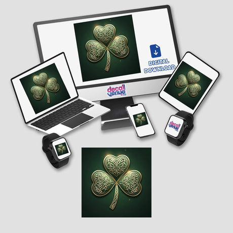 Golden Celtic Shamrock—Intricate Knotwork Clover with Elegant Detailing displayed on a computer monitor and laptop, showcasing its intricate design for stickers or digital artwork from Decal Venue.