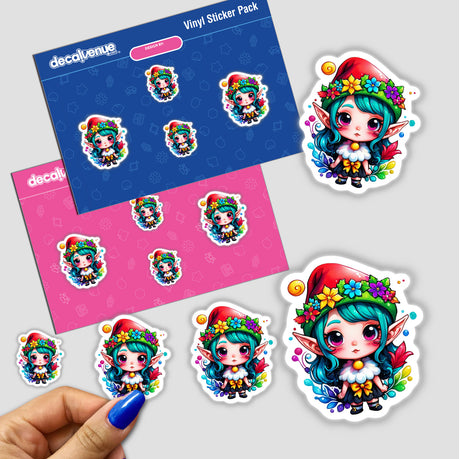 Festive Elf: Kawaii Santa Hat Elf Sticker featuring a cute cartoon elf in a Santa hat, surrounded by vibrant cartoon characters, perfect for adding a festive touch to any surface.