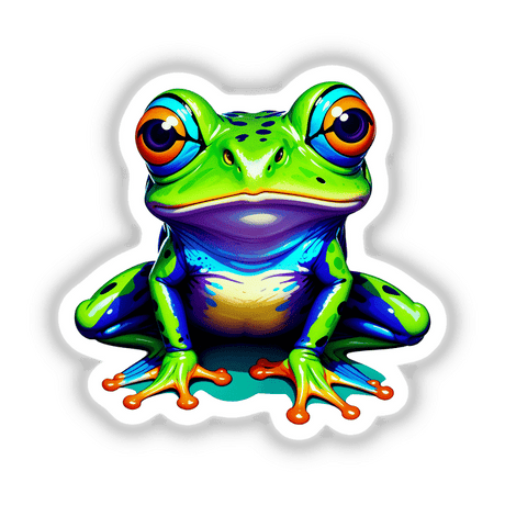 A Colorful Jungle Frog cartoon with distinct orange eyes and vivid features, available as stickers or digital artwork, exemplifying Decal Venue's unique collection of vibrant animal-themed designs.