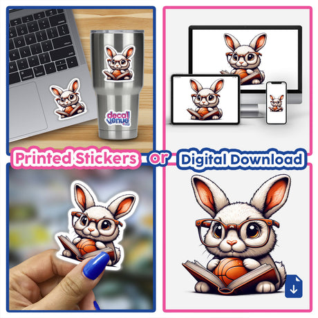 Bunny Rabbit in Reading Glasses with Open Book and Basketball sticker, showcasing a clever bunny balancing intellect and playfulness. Ideal for laptops or water bottles, representing Decal Venue's unique vinyl art.