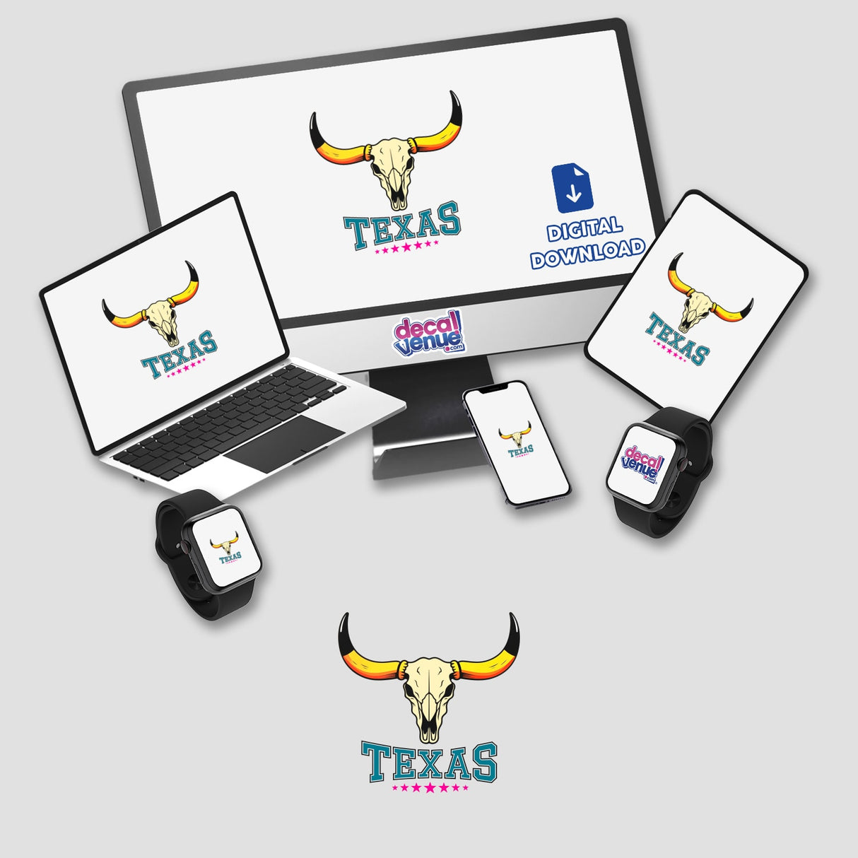 Texas USA Skull Design featuring a stylized cow skull with horns displayed on a computer monitor and laptop, available as unique vinyl stickers or digital artwork from Decal Venue.