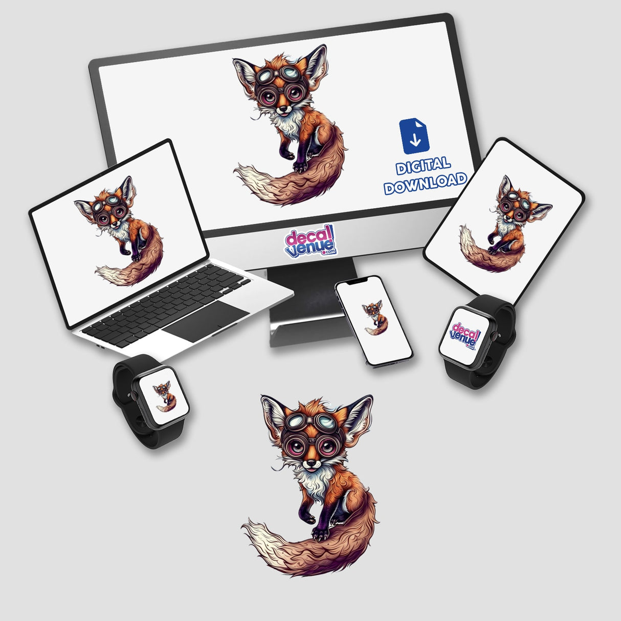 Whimsical Fox with Goggles and Swirling Clouds depicted on a computer monitor and laptop screen, available as stickers or digital artwork from Decal Venue.