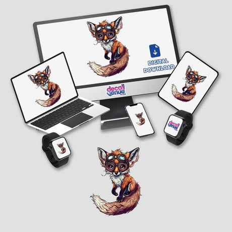 Whimsical Fox with Goggles and Swirling Clouds depicted on a computer monitor and laptop screen, available as stickers or digital artwork from Decal Venue.