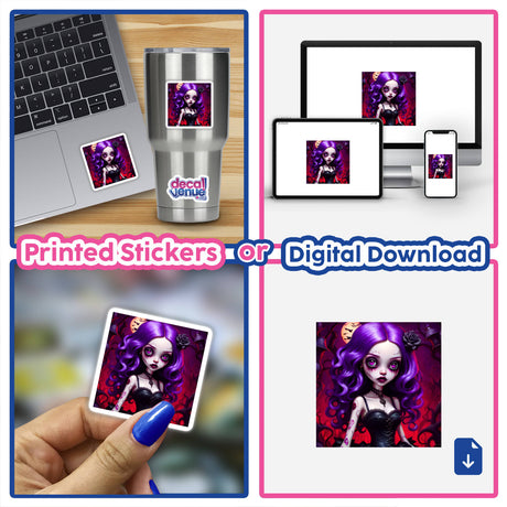 Girls of Gothic stickers and digital artwork collage featuring a laptop with a cartoon character, a person holding a cartoon girl image, and a monitor displaying the character.