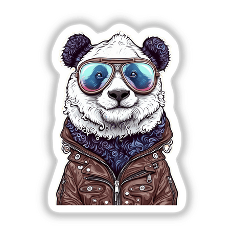 Panda with aviator sunglasses in a leather jacket illustration, available as stickers or digital artwork from Decal Venue, known for unique vinyl stickers and digital art.