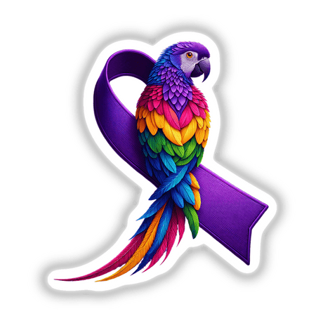 Parrot Purple Ribbon Alzheimers: A vibrant parrot adorned with elegant feathers perched on a ribbon, available as stickers or digital artwork from Decal Venue, specializing in unique vinyl designs.