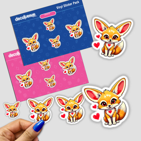 A sticker pack featuring A Cute Fennec Fox With Love Hearts, showcasing cartoon foxes surrounded by hearts, highlighting Decal Venue's unique stickers and digital art offerings.