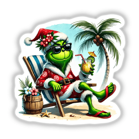 Green Grouch Tropical Santa Relaxing on Beach II, featuring a green cartoon character in a Santa outfit, lounging on a chair, holding a drink, and surrounded by beach-themed objects.