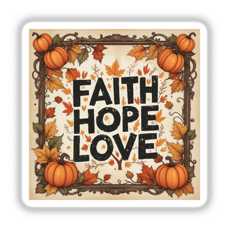 Autumn Faith Hope Love Thanksgiving Clipart | Stickers or Commercial Rights Download featuring pumpkins, leaves, and black text on white background, ideal for seasonal decoration or digital projects.