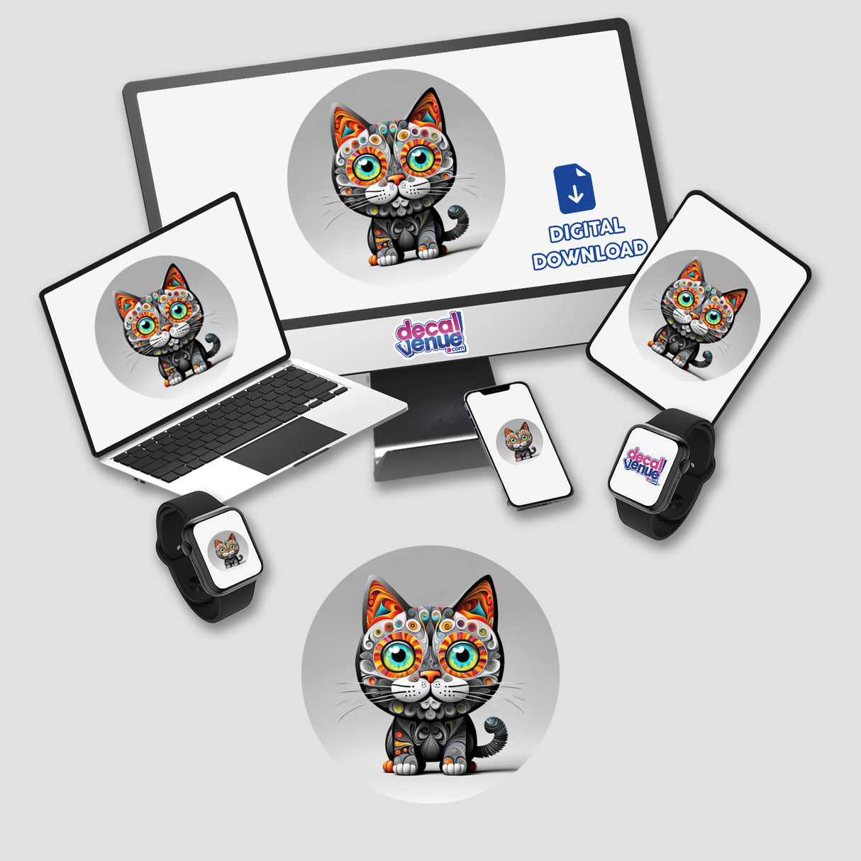 Cool Wacky Cat digital artwork displayed on various devices, including a laptop and smartphone, highlighting its versatility as stickers or art from Decal Venue.