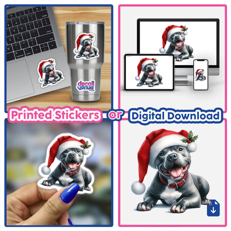 Happy Christmas Santa Pitbull Dog collage featuring various images of a pitbull wearing a Santa hat, available as stickers or digital artwork, displayed on and around a laptop.