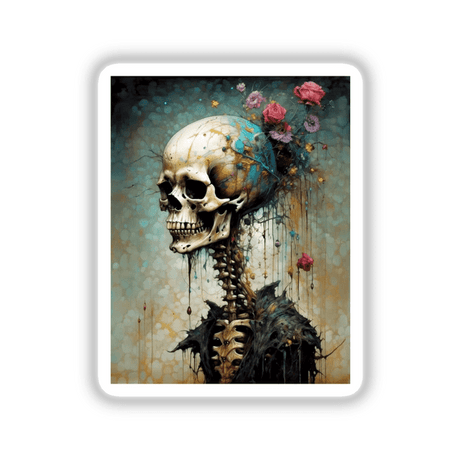 Beautiful Bones: A painting of a skeleton adorned with vibrant flowers and leaves, available as stickers or digital artwork.