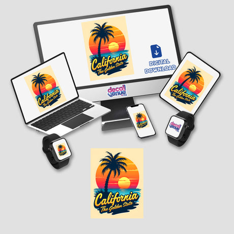 California The Golden State artwork featuring a laptop, phone, and smartwatch with logos, available as stickers or digital artwork, ideal for tech enthusiasts.