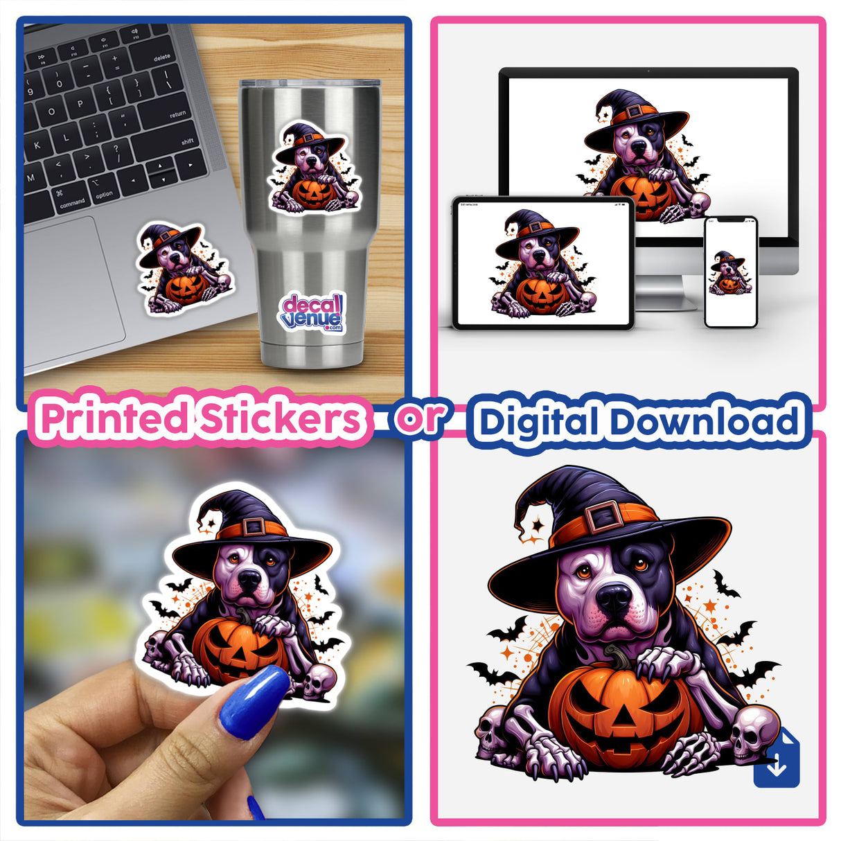 Adorable Halloween Pitbull Dog Wearing Witch Hat - Vibrant digital artwork featuring a playful Pitbull dog in a witch's hat, perfect for stickers or digital downloads to express your style.