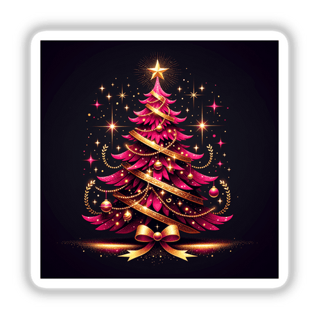 Pink and Gold Christmas Tree adorned with gold ribbons and stars, available as stickers or digital artwork.