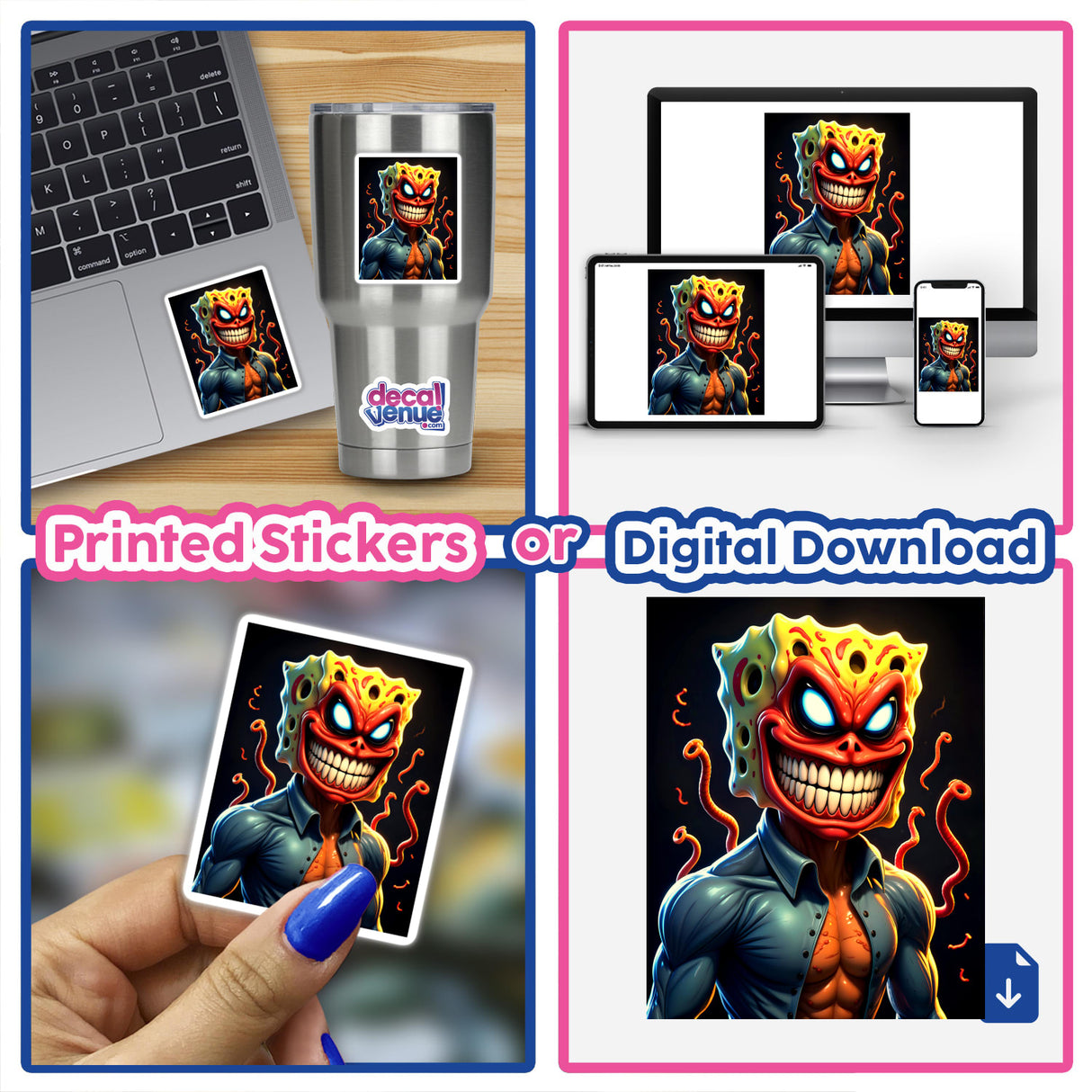 Alien Mutant Superhero Villain sticker collage on a laptop, featuring a cartoon character with an exaggerated smile and vibrant features. Available as both stickers and digital artwork.