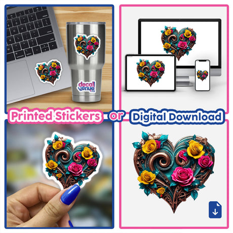 Bronze Swirl Floral Heart with Yellow and Pink Roses sticker collage featuring heart-shaped designs adorned with flowers, displayed on a laptop and held in hand, highlighting its versatile application.