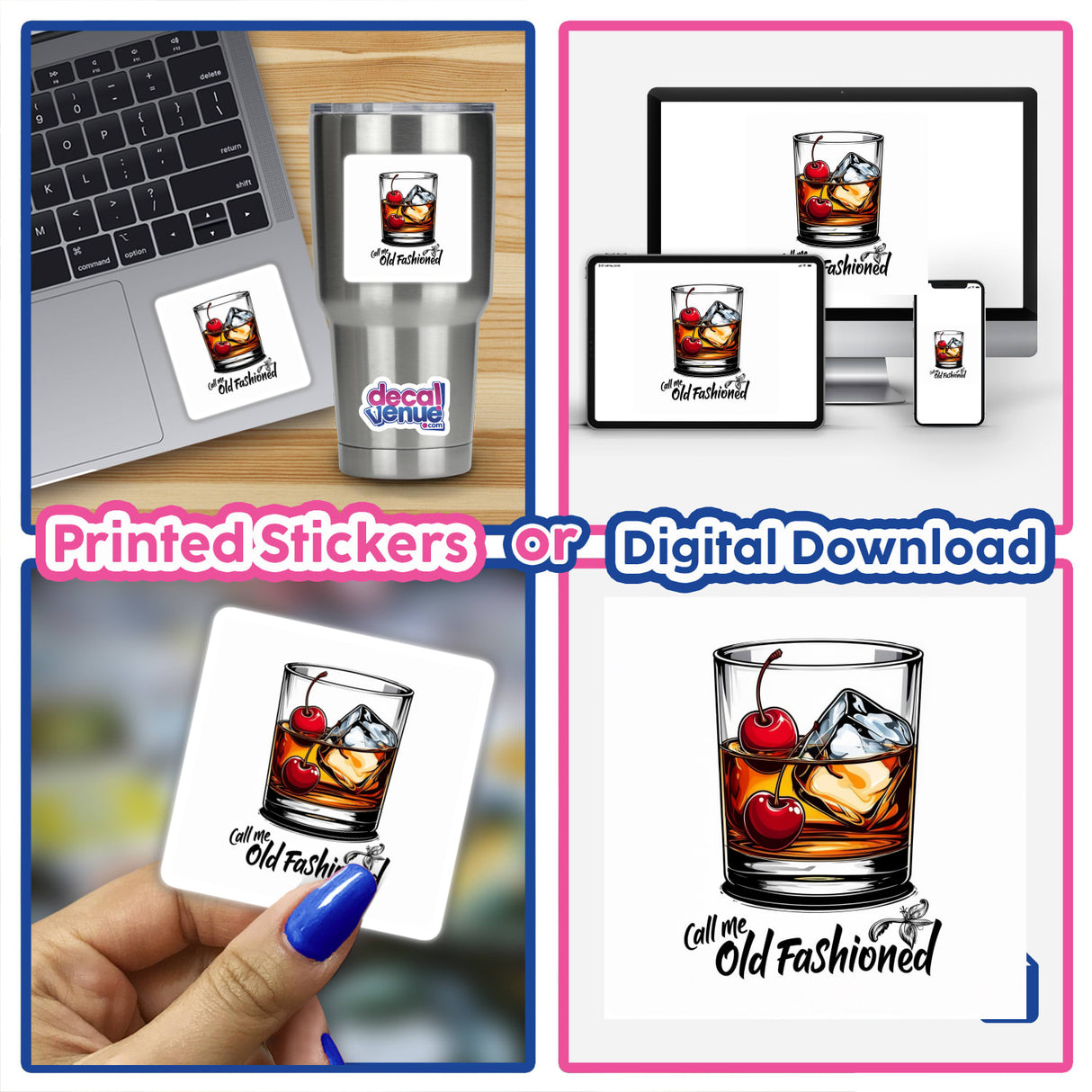 Collage featuring 'Call Me Old Fashioned' whiskey glass with cherries and ice cubes, shown as both sticker and digital artwork, alongside a laptop.