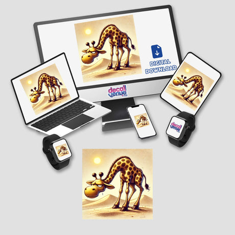 Grumpy Giraffe in the Desert digital artwork shown on various devices, including a laptop, tablet, smartphone, and smartwatch, available as stickers or digital art from Decal Venue.