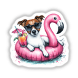 Jack Russell Dog on Flamingo Float: A cartoon illustration of a Jack Russell Terrier wearing sunglasses, lounging on a pink flamingo float. Available as stickers or digital artwork.