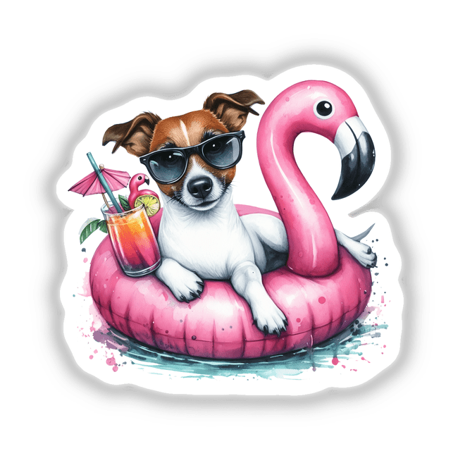 Jack Russell Dog on Flamingo Float: A cartoon illustration of a Jack Russell Terrier wearing sunglasses, lounging on a pink flamingo float. Available as stickers or digital artwork.