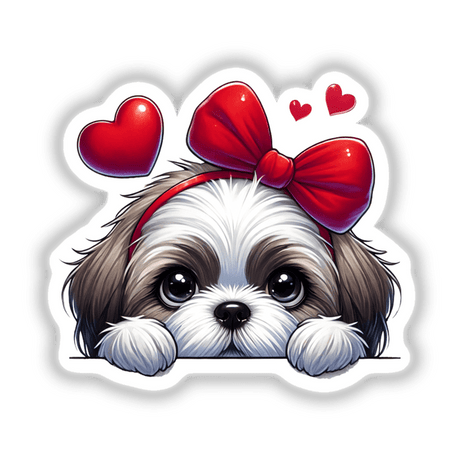 Peeking Valentine Shih Tzu Dog cartoon with a red bow and hearts, available as vinyl stickers or digital artwork.