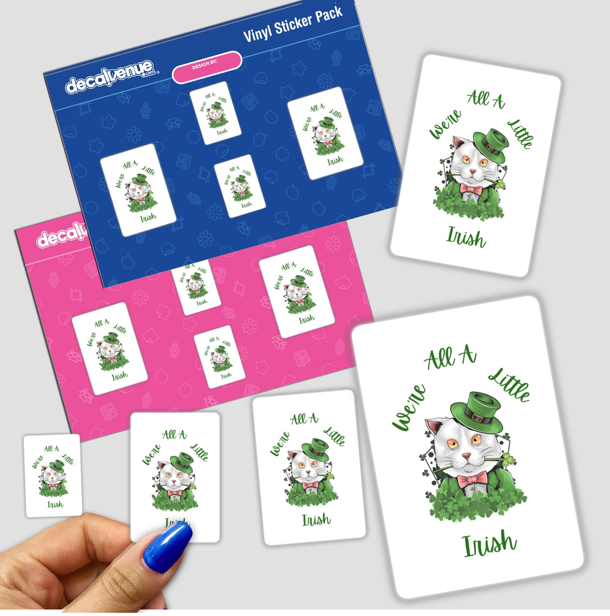 St. Patrick's Day Sticker pack featuring a white cat wearing a green hat with clovers, held in a hand. Available as vinyl stickers or digital artwork from Decal Venue.