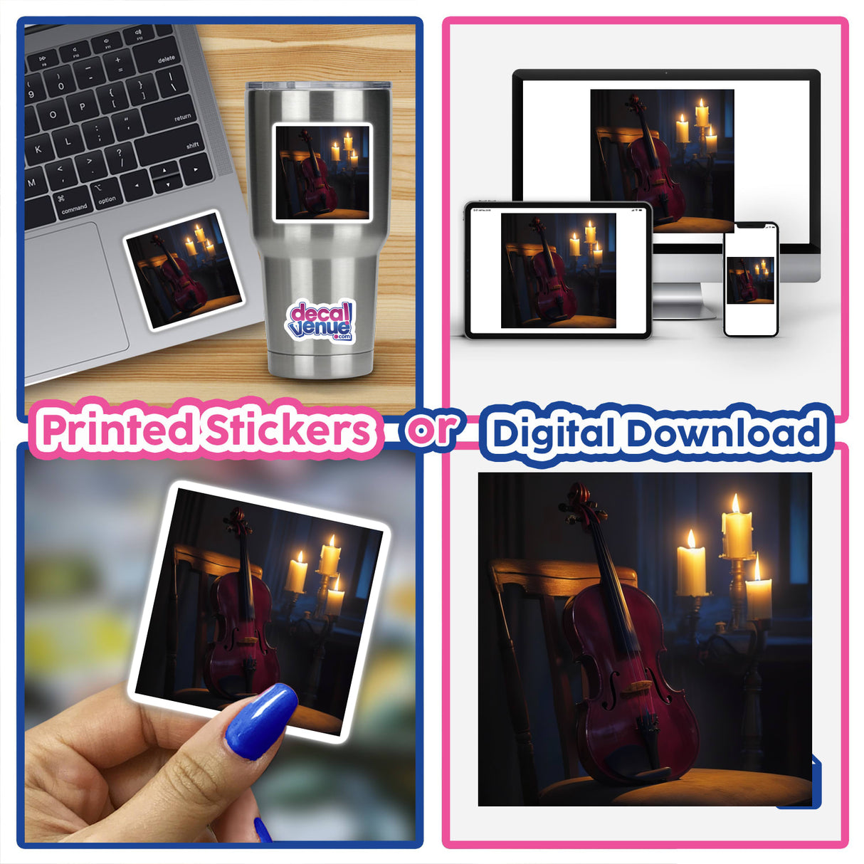 Viola in a Candlelit Room | Dark Academia Music Sticker, featuring a collage of violins, a laptop, and a cellphone, conveys a unique blend of classical music and modern technology.