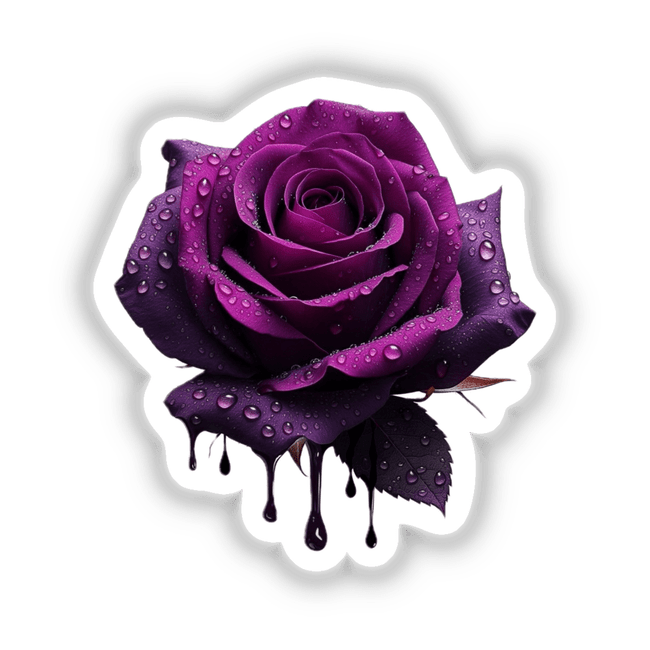 Gothic Dripping Purple Rose, a detailed close-up of a purple rose with water droplets, available as vinyl stickers or digital artwork.