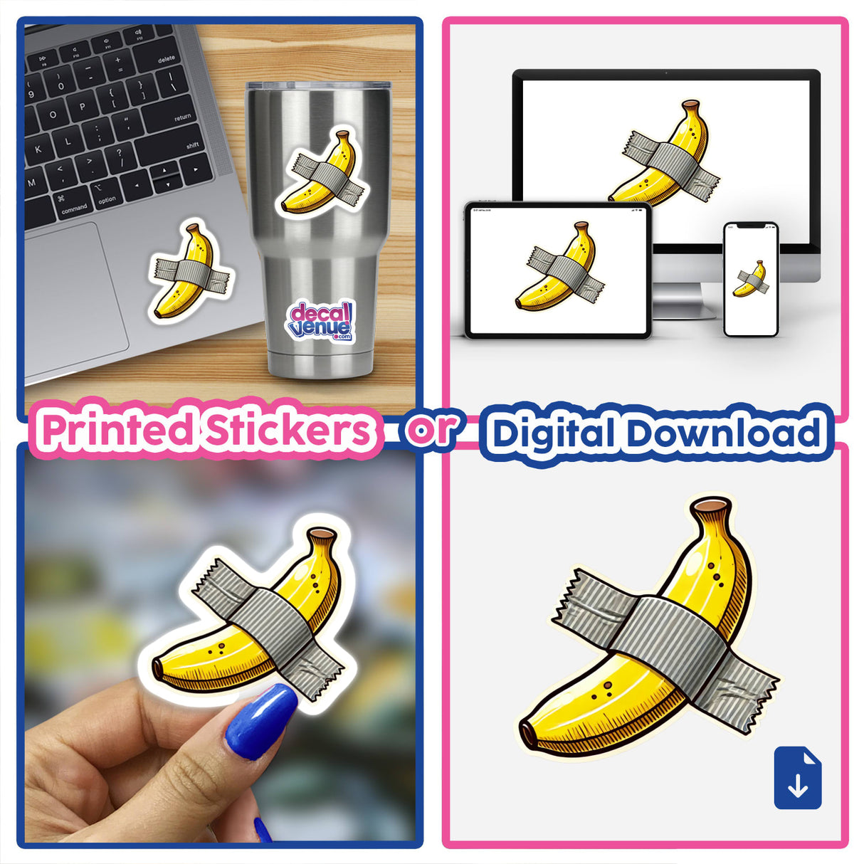 Duct Tape Banana sticker on a laptop, showcasing a banana wrapped in tape. Available as unique stickers or digital artwork from Decal Venue.