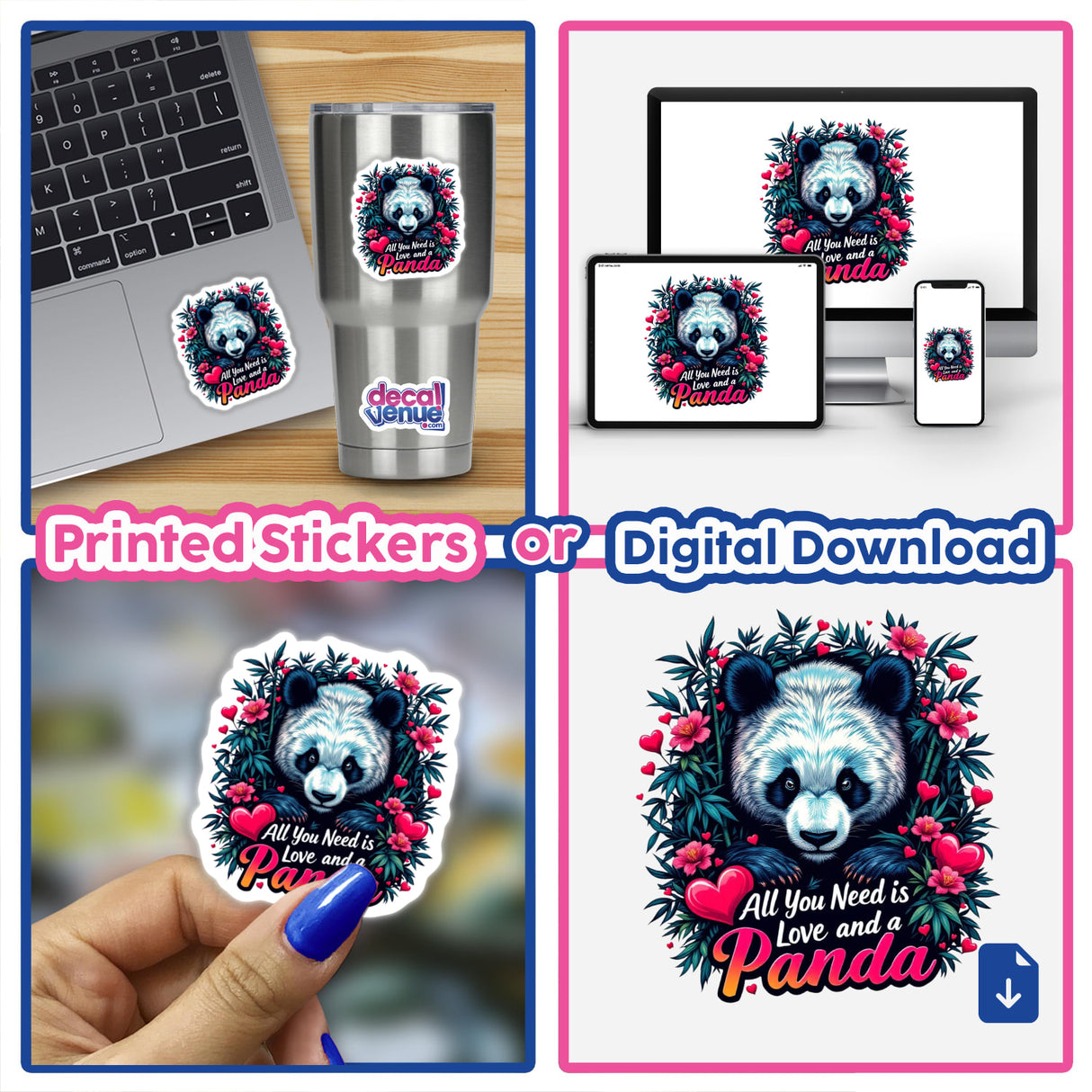 Collage featuring Panda Love stickers from Decal Venue, showcasing a panda with black and white fur, some with flowers, applied on a cup, laptop, and held by a person.