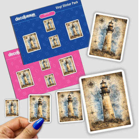 Sticker featuring a detailed lighthouse on a vintage world map, perfect for collectors or digital art enthusiasts.