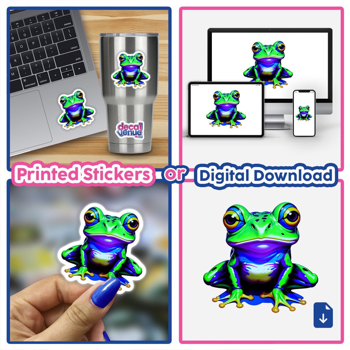 A Colorful Jungle Frog sticker displayed on a laptop, showcasing its vibrant design; available as a sticker or digital artwork from Decal Venue.