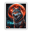 Wolf in front of a red moon artwork titled A Wolf In The Night With A Blood Moon, available as stickers or digital art, depicting a wolf howling against a dramatic celestial backdrop.