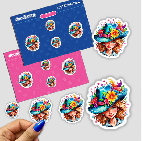 Stylish Flower Cowgirl Sticker - Bohemian Kawaii Western-Inspired Design featuring cartoon women in hats, available as individual stickers or in a pack, perfect for adding a unique touch to your items.