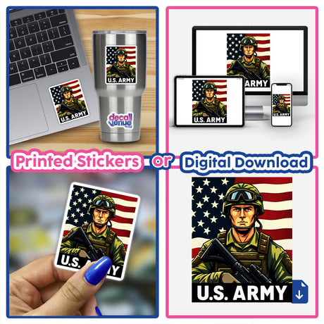 Collage featuring U.S. Army - American Soldier With Flag sticker and digital artwork on a laptop screen, highlighting its military theme. Available as stickers or digital artwork.