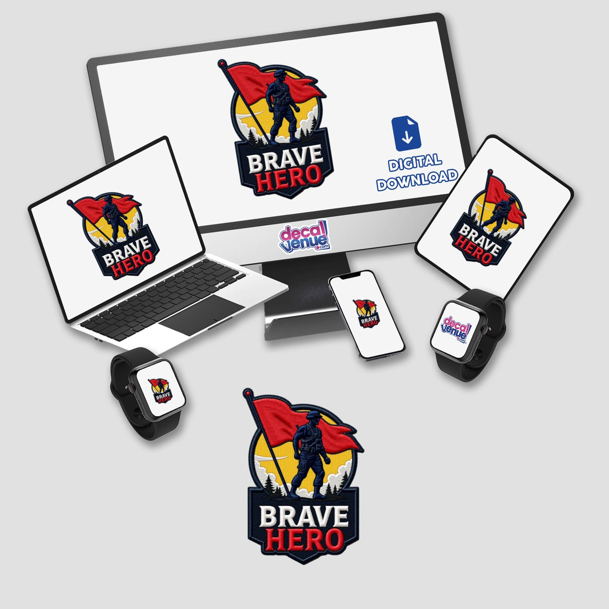 Computer monitor and laptop displaying 0007 - BRAVE HERO logo, surrounded by phone and smart watches with the same logo, promoting stickers or digital artwork from Decal Venue.