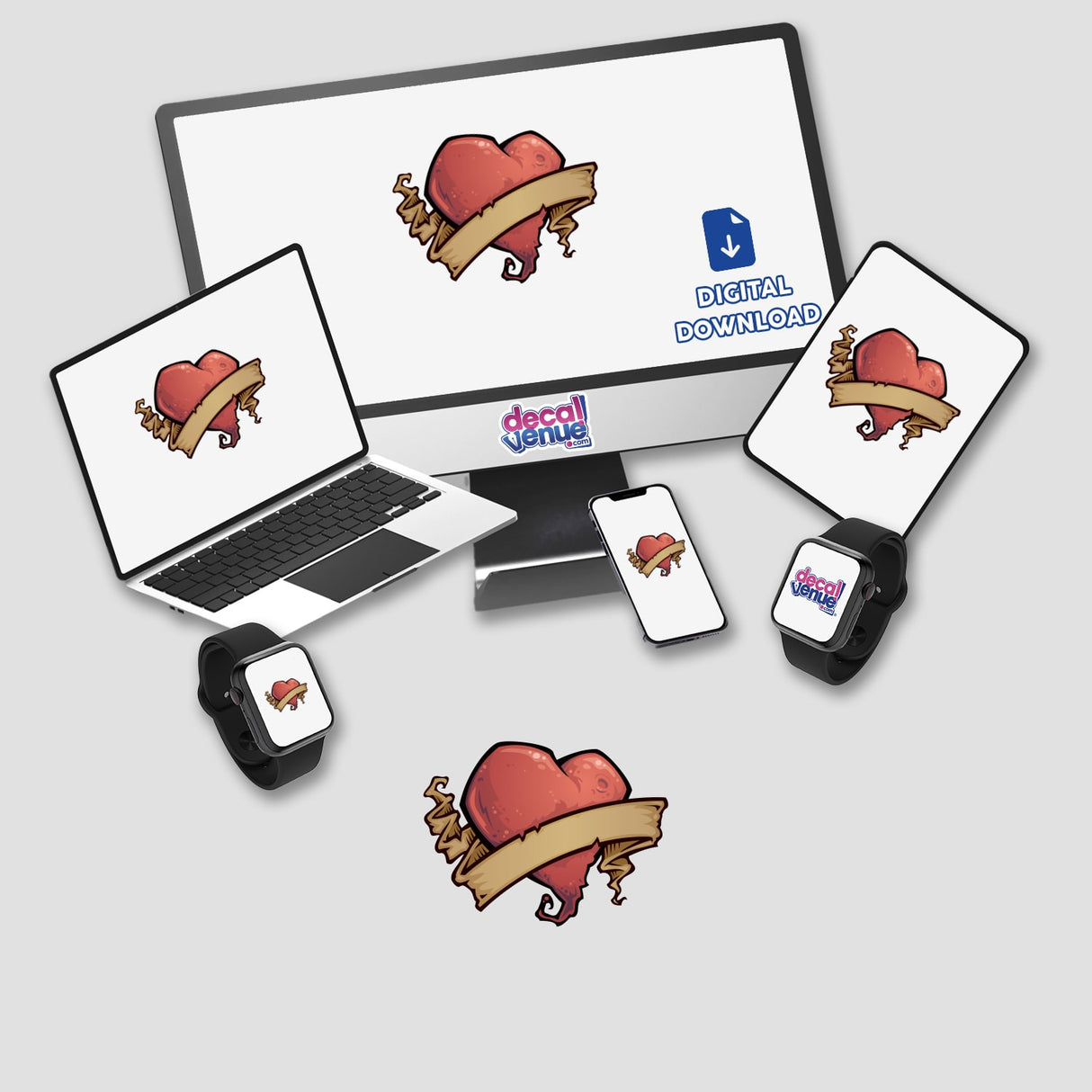 Tattoo Heart stickers featuring digital art of a heart with a banner, displayed on various devices like a monitor, laptop, and smartwatch, emphasizing versatility and unique design.