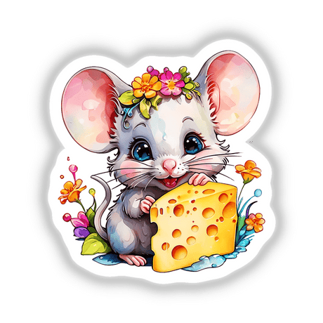 Cartoon mouse holding cheese, available as stickers or digital artwork titled Mouse Eating Cheese from Decal Venue.