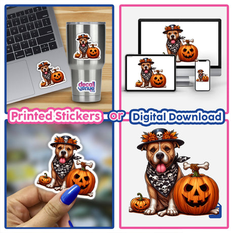 Halloween Pitbull Dog and Pumpkins collage featuring a dog in a bandana and hat, a laptop with a sticker, and decorated pumpkins. Available as stickers or digital artwork.