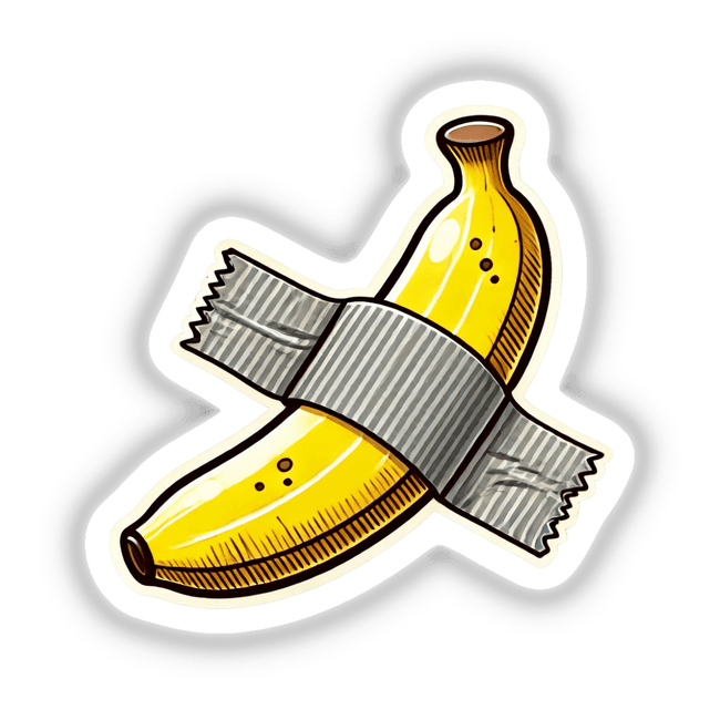 Duct Tape Banana: Illustration of a banana taped at the center, available as stickers or digital artwork, reflecting Decal Venue's unique approach to creative stickers and art.