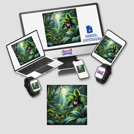 Emerald Orchid - Lush Rainforest Beauty, featuring a computer monitor, laptop, tablet, smartwatch, and phone all displaying vibrant plant images. Available as Stickers or Digital Artwork.